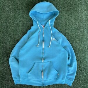 Vintage 80s 90s Russell Atletic Teal Blue Yellowstone Blank Zip-Up Hoodie Large